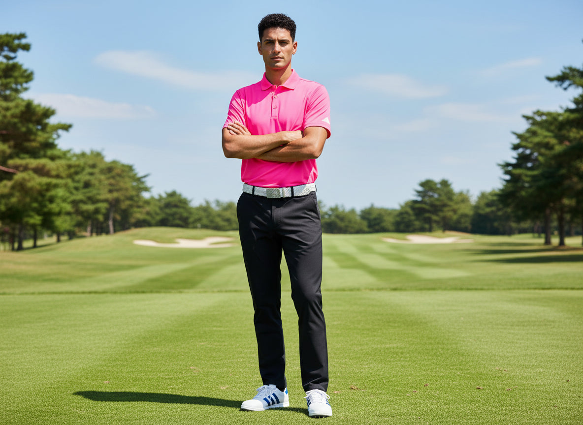 Man in pink shirt and black pants standing on a golf course with trees in the background